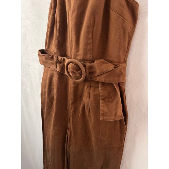 Moon River Brown Denim Jumpsuit Halter Tie Neck Belted Fall Outfit Stretch Small - Picture 4 of 6